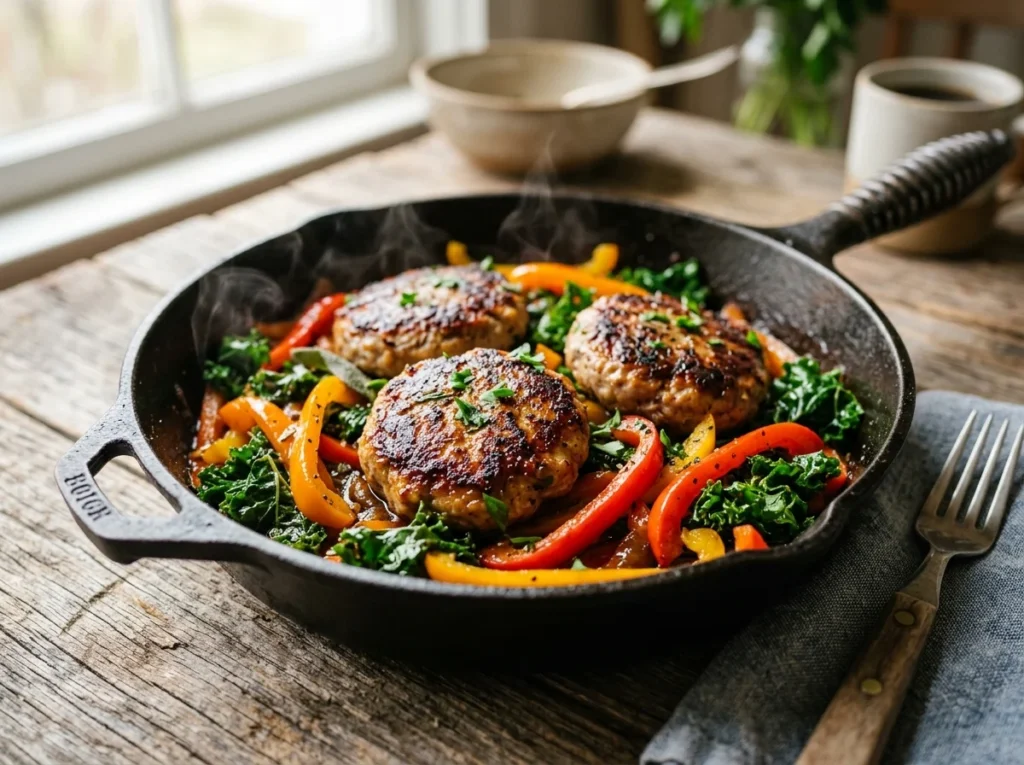 A sizzled cast iron skillet filled with savory turkey sausage, kale, and red bell peppers.