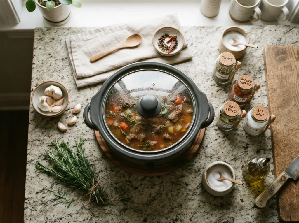 Cozy kitchen setup with prep ingredients for healthy slow cooker recipes.