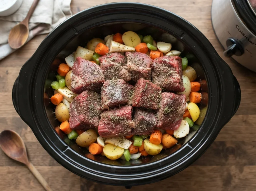 Layering root vegetables under meat for balanced slow cooker recipes.
