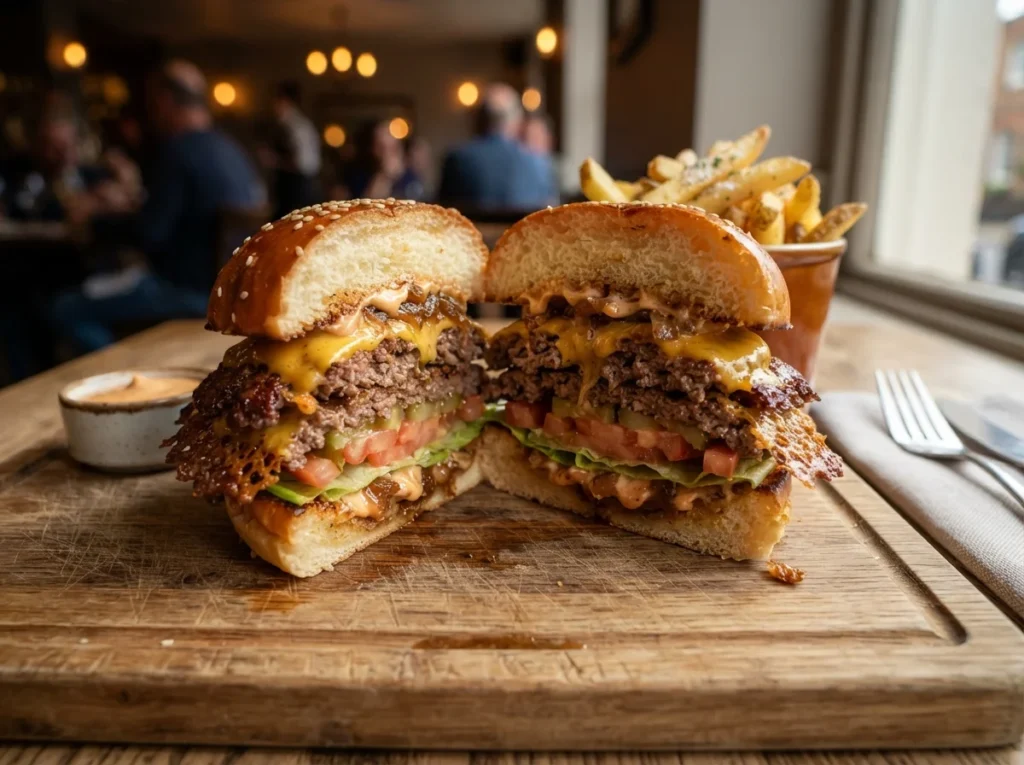 Cross-section view of a handmade Smash Burger with crispy beef patties and melted cheese.