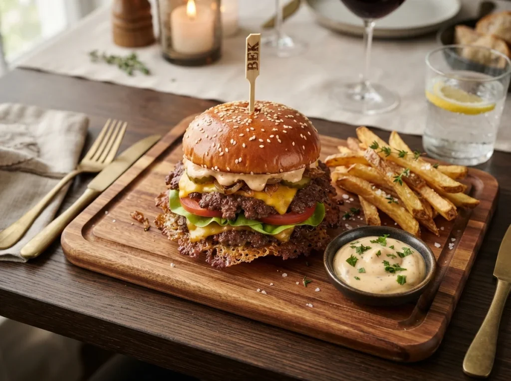 Handmade Smash Burger fully garnished and served with crispy fries.
