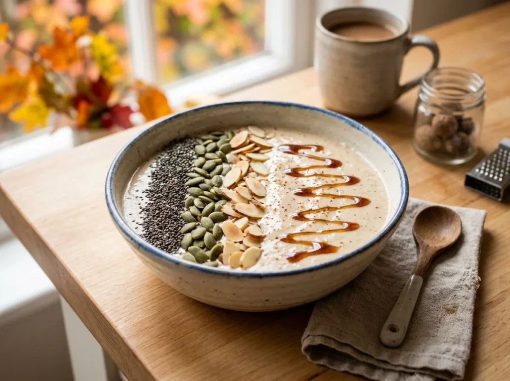 A thick banana smoothie bowl topped with chia seeds, pumpkin seeds, and sliced almonds.