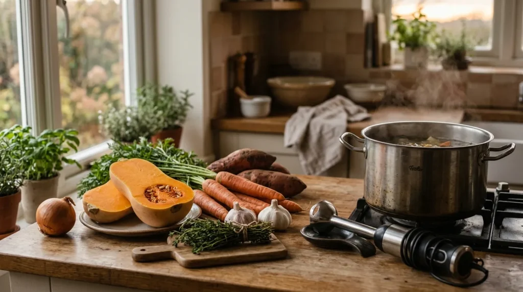 Fresh autumn vegetables including squash, carrots and sweet potatoes ready for soup