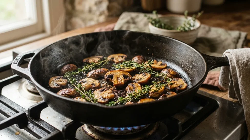 Sliced mushrooms browning in a hot pan without crowding