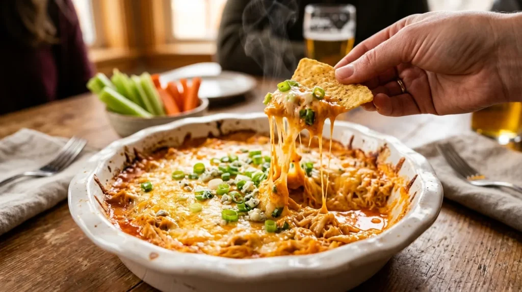 Hot buffalo chicken dip topped with melted cheddar and green onions being scooped with a tortilla chip