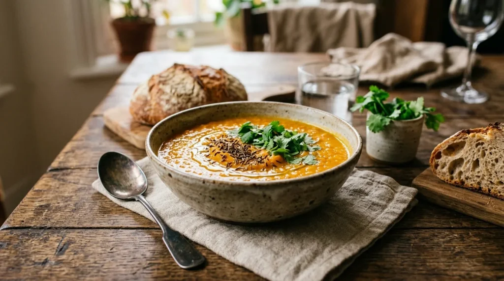 Carrot and red lentil soup topped with cumin and coriander