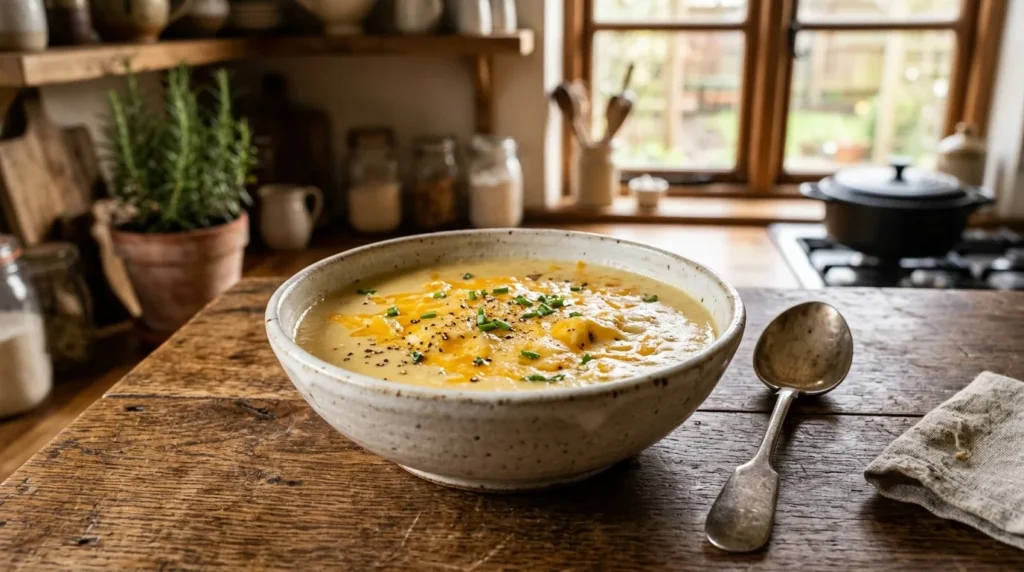Creamy cauliflower cheddar soup topped with melted cheese