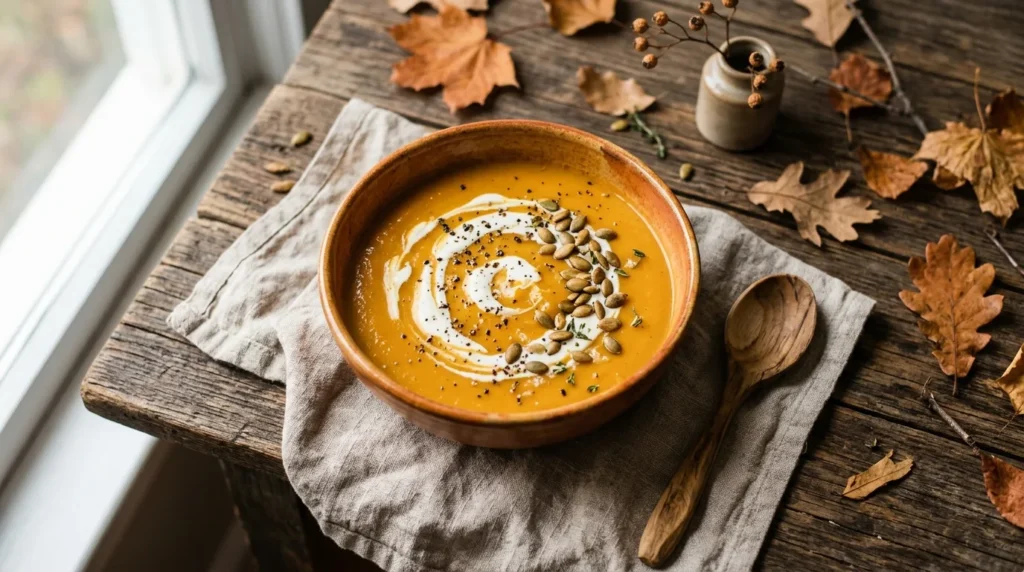 A bowl of creamy roasted butternut squash soup on a rustic autumn table