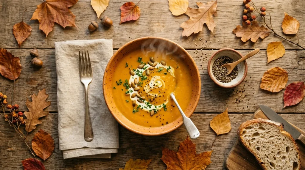 Bowl of steaming pumpkin soup on a rustic table with autumn leaves