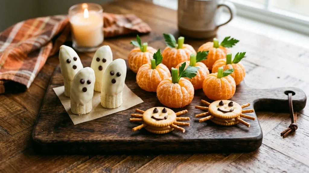 A wooden platter featuring no-bake Halloween snacks including banana ghosts with chocolate eyes and tangerine pumpkins.