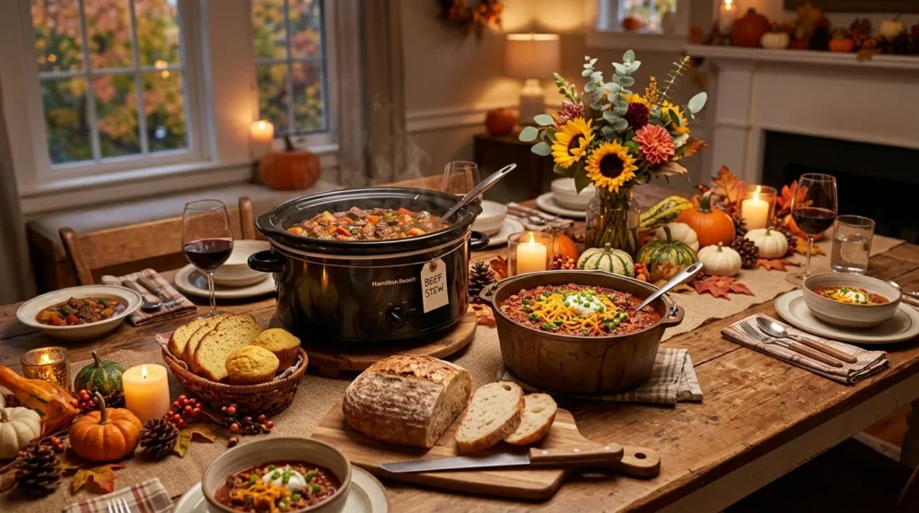 "Fall dinner table with slow cooker stew, chili, and bread surrounded by autumn decor."