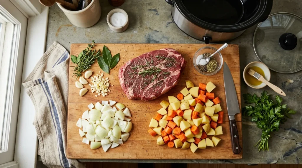 "Overhead view of fall slow cooker ingredients being prepped on a cutting board."