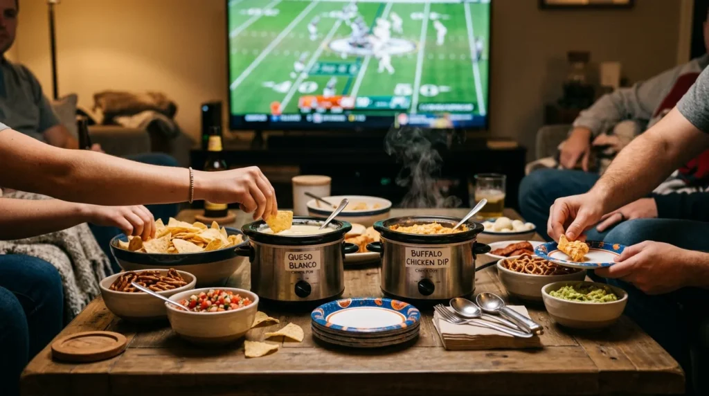 Casual living room game day snack table setup with dips, chips and small slow cookers