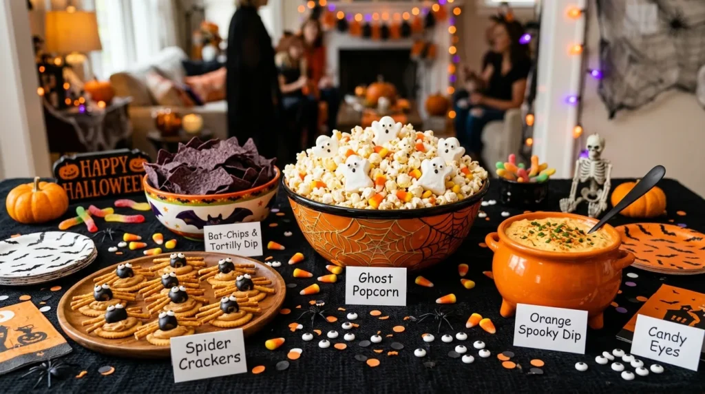  Halloween finger foods including ghost popcorn and spider crackers on a spooky snack table