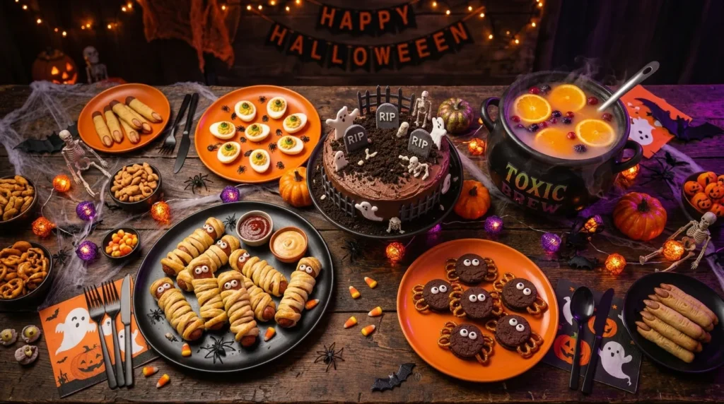 Halloween party food ideas spread on a decorated spooky table with mummy hot dogs, cookies and orange punch