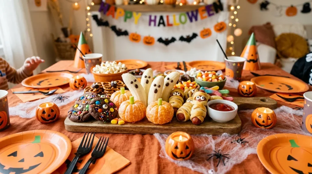 A colorful Halloween snack table spread with banana ghosts, tangerine pumpkins, mummy hot dogs, and festive treats for kids.