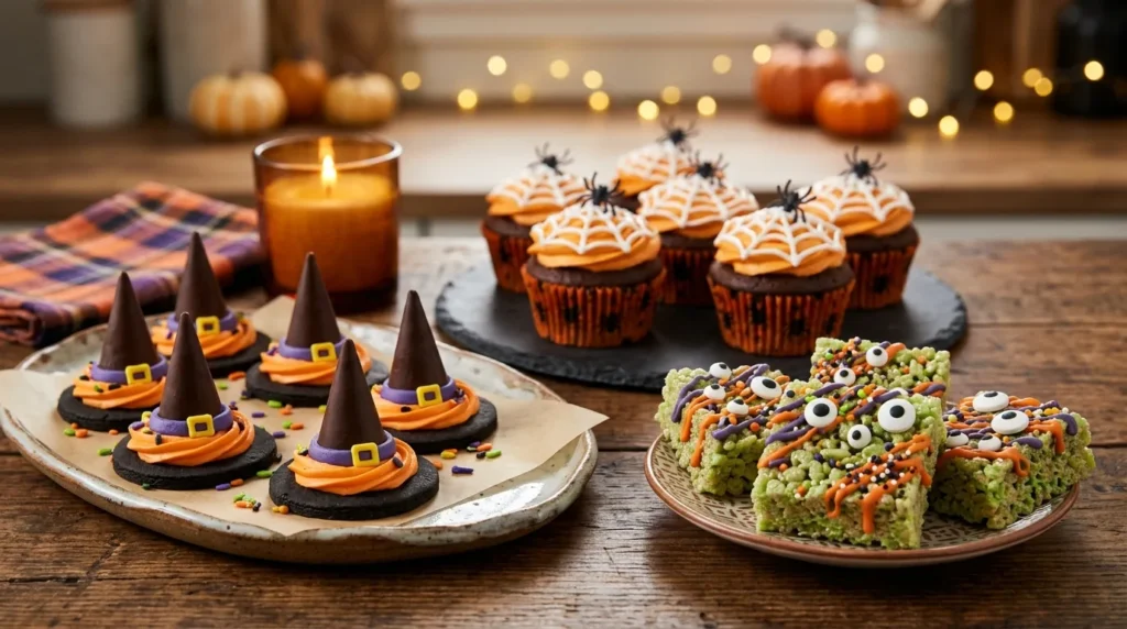 Healthy Halloween snacks for kids including Frankenstein guacamole dip with blue tortilla chips and apple monster mouths.