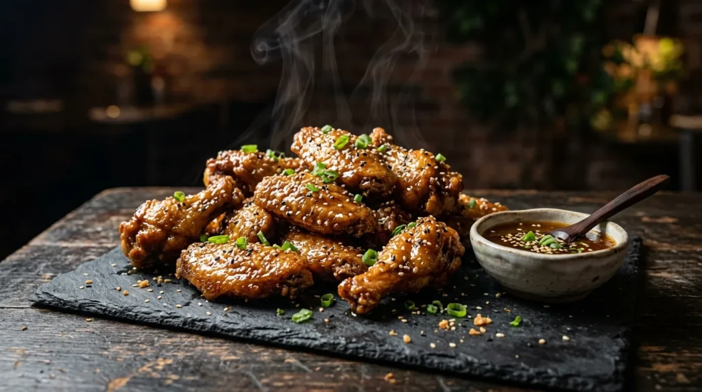 Crispy oven-baked honey garlic chicken wings with sticky glaze and sesame seeds on a slate board