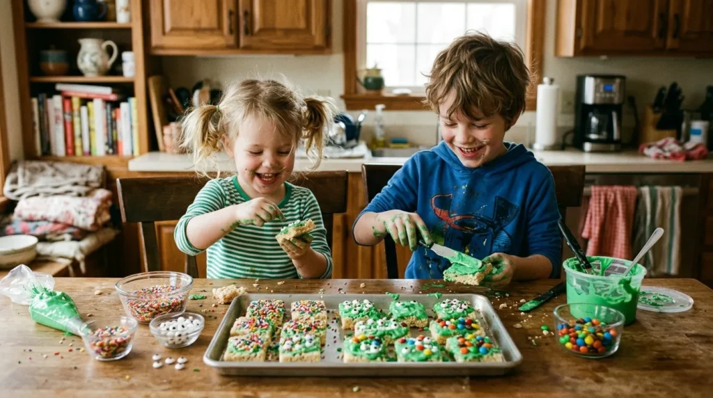 Two young kids sitting at a kitchen counter decorating Rice Krispie treats with colorful icing and candy eyes.