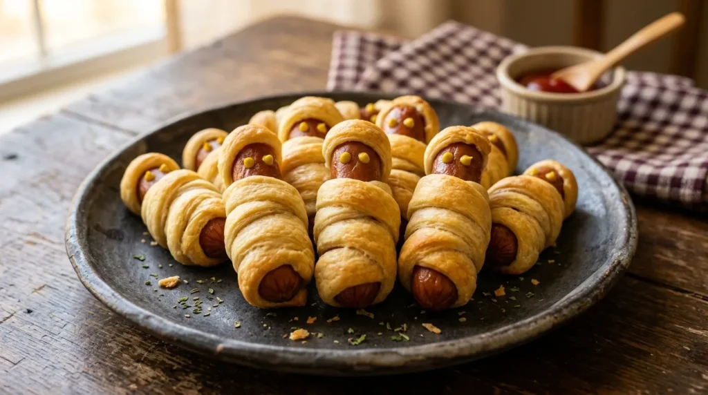  Mummy hot dogs wrapped in crescent dough with mustard eyes as an easy Halloween party appetizer