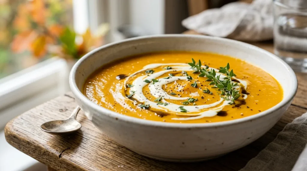 Creamy pumpkin ginger soup garnished with cream and thyme