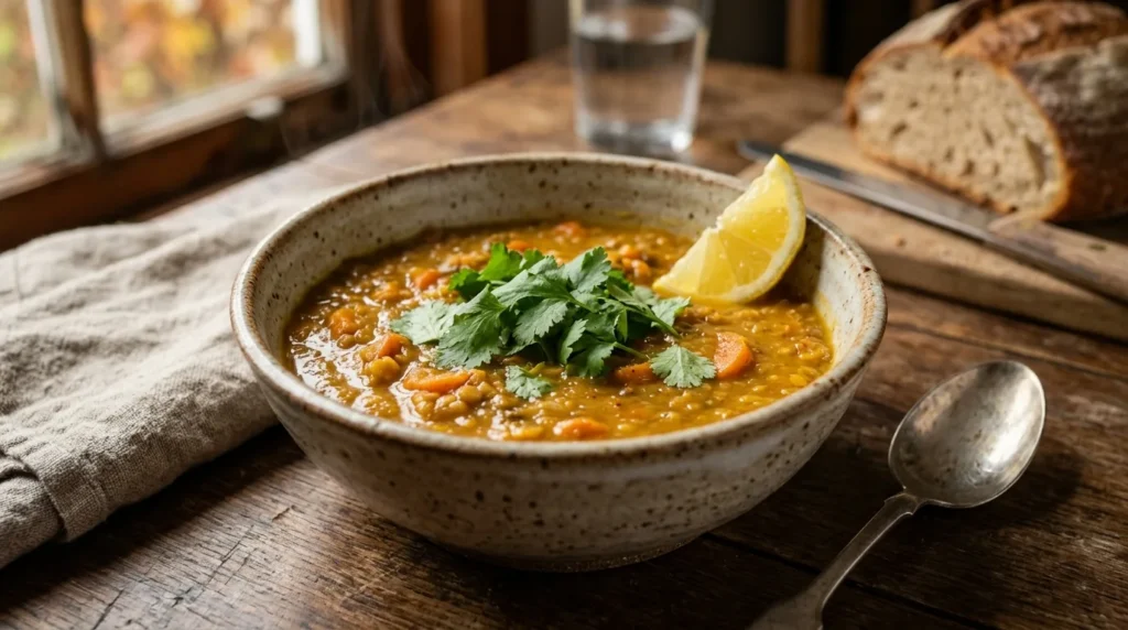 Chunky red lentil and carrot soup in a rustic bowl with fresh coriander