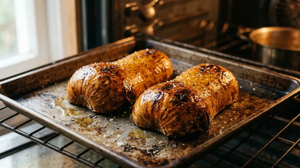Halved butternut squash roasting face down on a baking tray with caramelised edge
