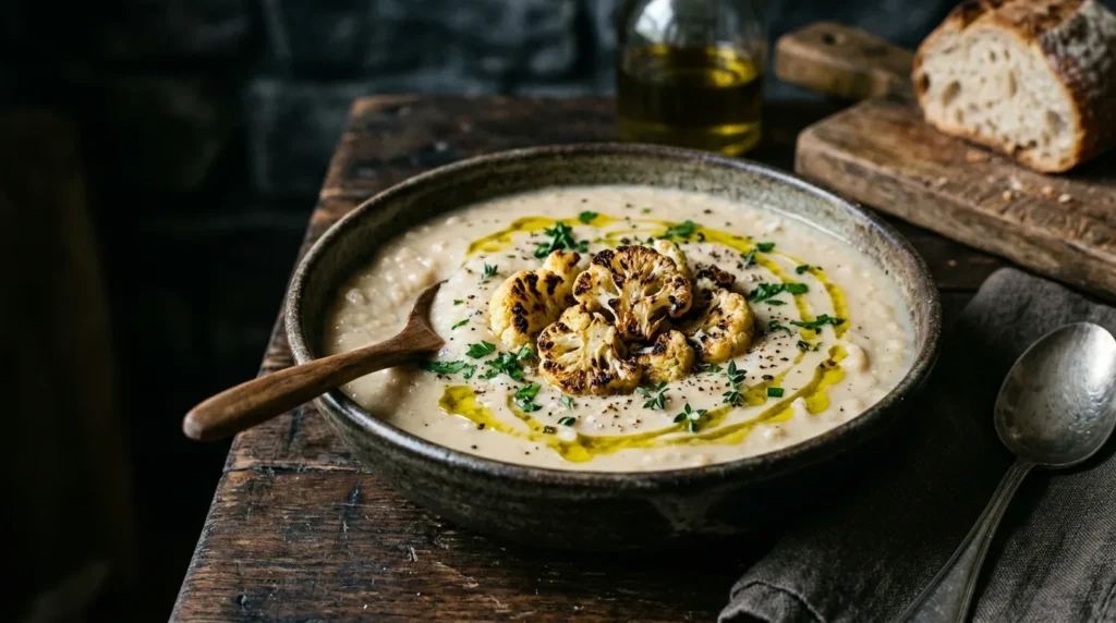 Roasted cauliflower and white bean soup with charred florets on top