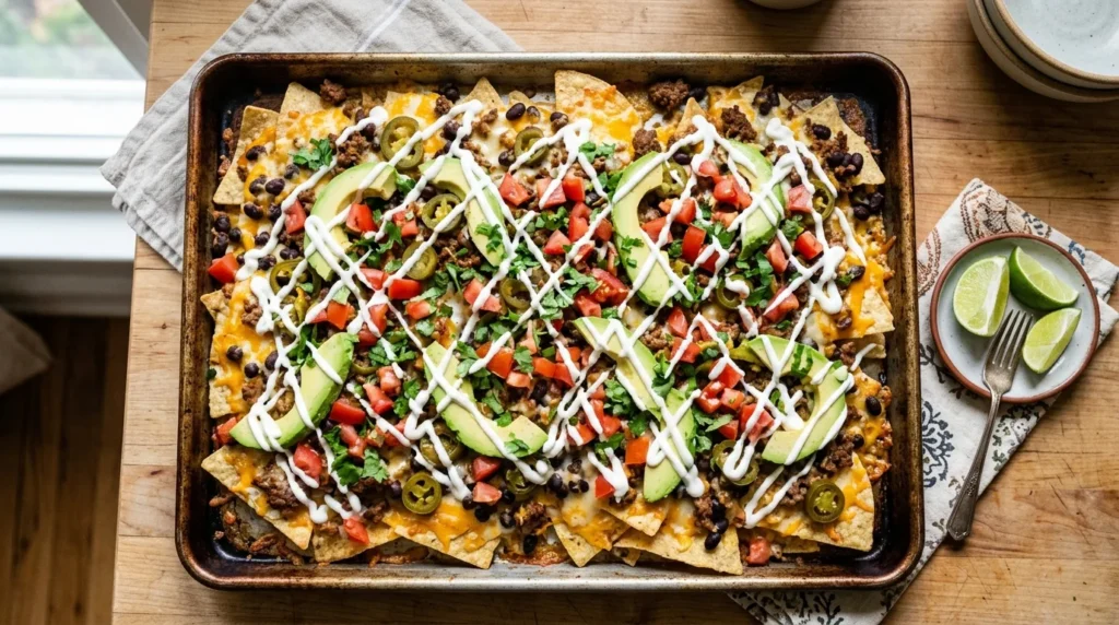 Sheet pan loaded nachos with melted cheese, beef, black beans, jalapenos and fresh avocado toppings