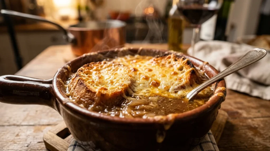 French onion soup topped with melted cheese and toasted bread