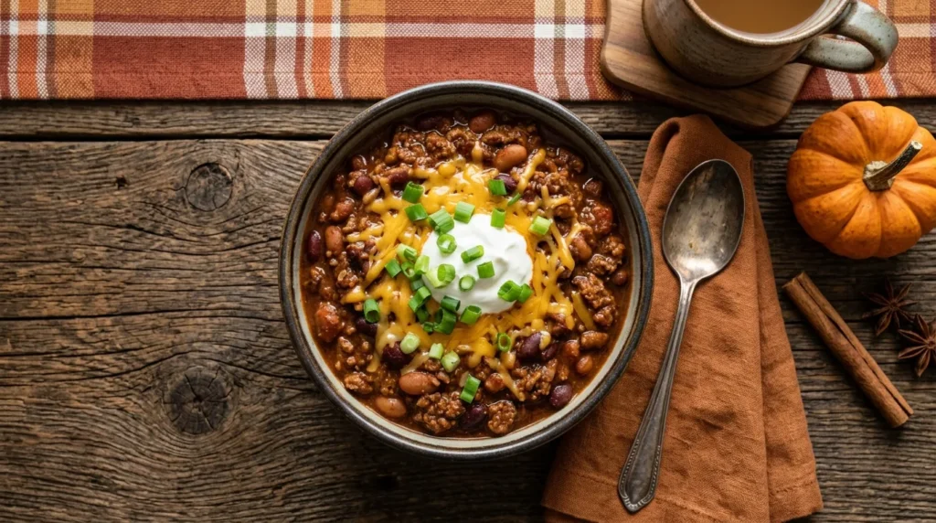 Bowl of slow cooker chili topped with cheese and sour cream on a rustic fall table
