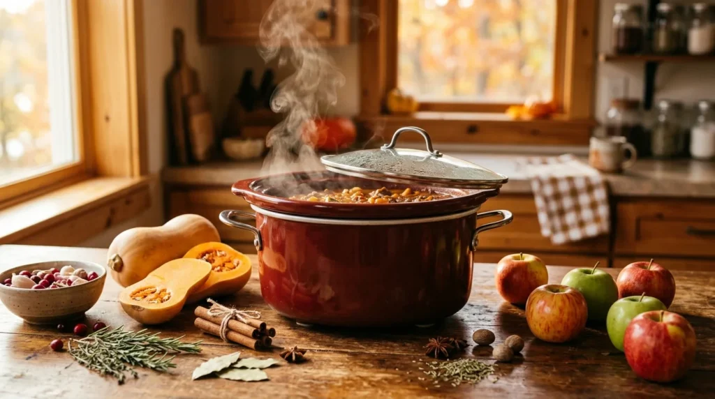 "Slow cooker surrounded by fall ingredients like squash, apples, and cinnamon sticks in a cozy kitchen."