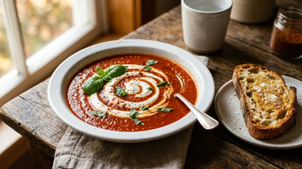 Creamy tomato and roasted red pepper soup with a swirl of yogurt